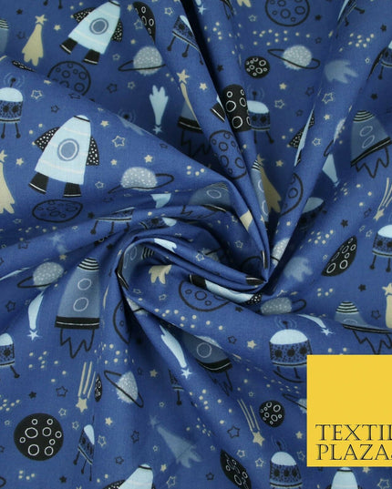 Rockets Space Shooting Stars Planets Printed Poly Cotton Fabric Polycotton 44"