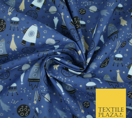Rockets Space Shooting Stars Planets Printed Poly Cotton Fabric Polycotton 44"