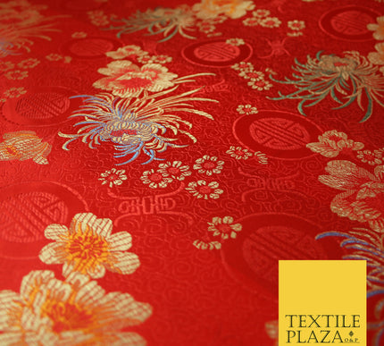 RED Oriental SHOU Floral Chinese Brocade Satin Embroidered Dress Fabric 3523