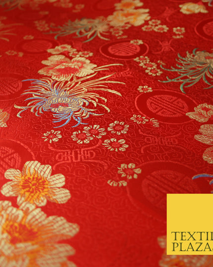 RED Oriental SHOU Floral Chinese Brocade Satin Embroidered Dress Fabric 3523
