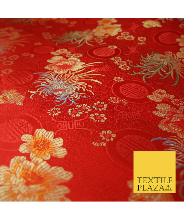 RED Oriental SHOU Floral Chinese Brocade Satin Embroidered Dress Fabric 3523