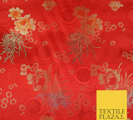 RED Oriental SHOU Floral Chinese Brocade Satin Embroidered Dress Fabric 3523