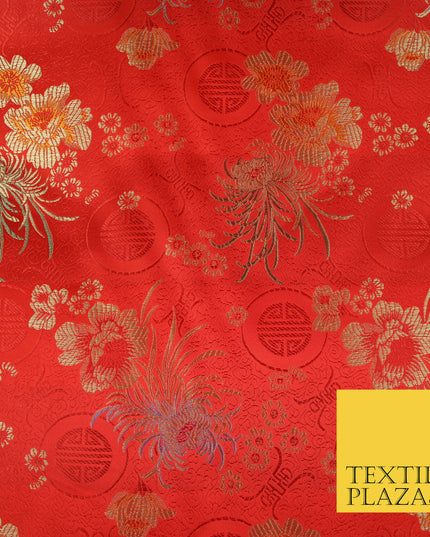 RED Oriental SHOU Floral Chinese Brocade Satin Embroidered Dress Fabric 3523