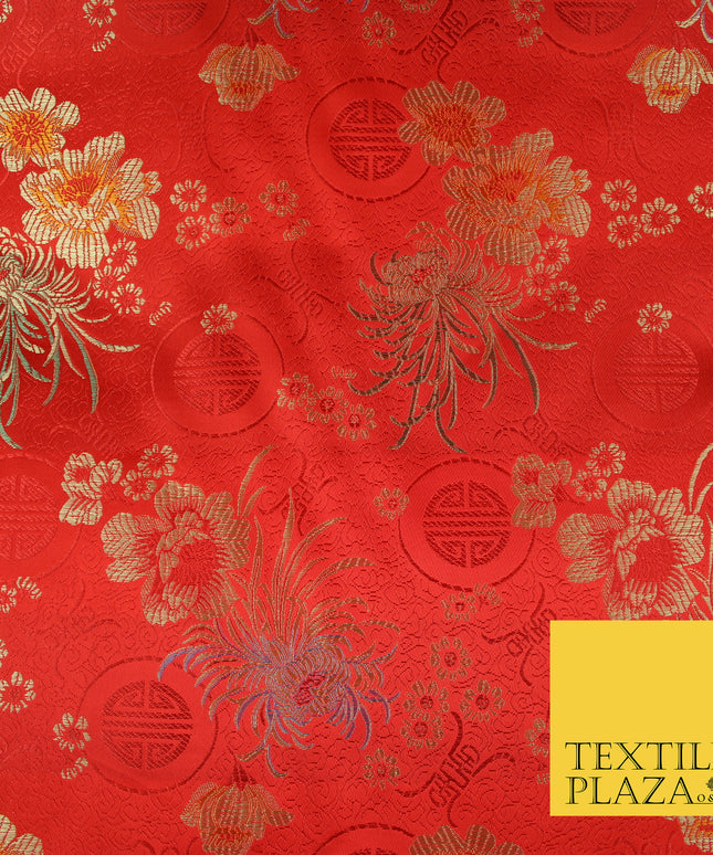 RED Oriental SHOU Floral Chinese Brocade Satin Embroidered Dress Fabric 3523
