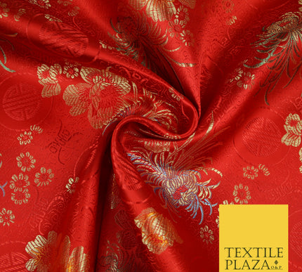 RED Oriental SHOU Floral Chinese Brocade Satin Embroidered Dress Fabric 3523