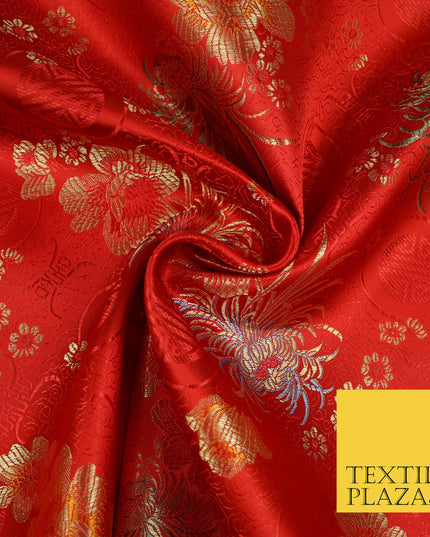 RED Oriental SHOU Floral Chinese Brocade Satin Embroidered Dress Fabric 3523