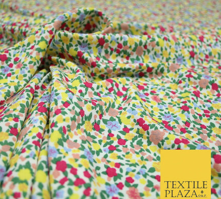 Yellow Pink Floral Flower Ditsy Lightweight Polyester Jersey Fabric 59" 5005