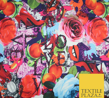 Colourful Wacky Artsy LOVE Girly Lips Heels Floral Smooth Jersey Fabric 56" 5004