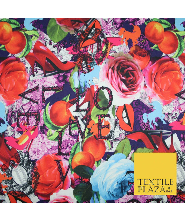 Colourful Wacky Artsy LOVE Girly Lips Heels Floral Smooth Jersey Fabric 56" 5004