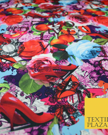Colourful Wacky Artsy LOVE Girly Lips Heels Floral Smooth Jersey Fabric 56" 5004