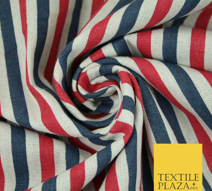 Blue Pink Ivory 1cm Candy Stripes Lines Printed 100% Cotton Linen Fabric 60"Wide