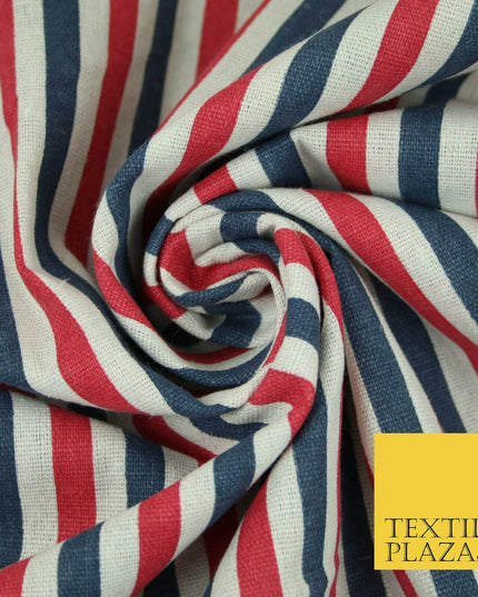 Blue Pink Ivory 1cm Candy Stripes Lines Printed 100% Cotton Linen Fabric 60"Wide
