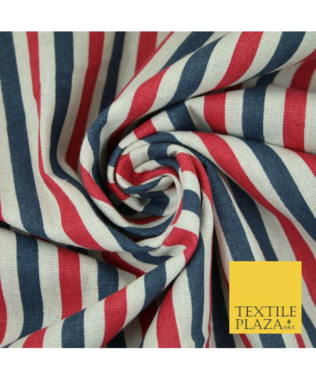 Blue Pink Ivory 1cm Candy Stripes Lines Printed 100% Cotton Linen Fabric 60"Wide