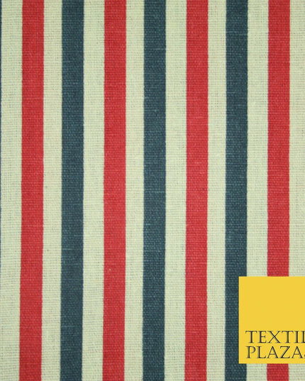 Blue Pink Ivory 1cm Candy Stripes Lines Printed 100% Cotton Linen Fabric 60"Wide