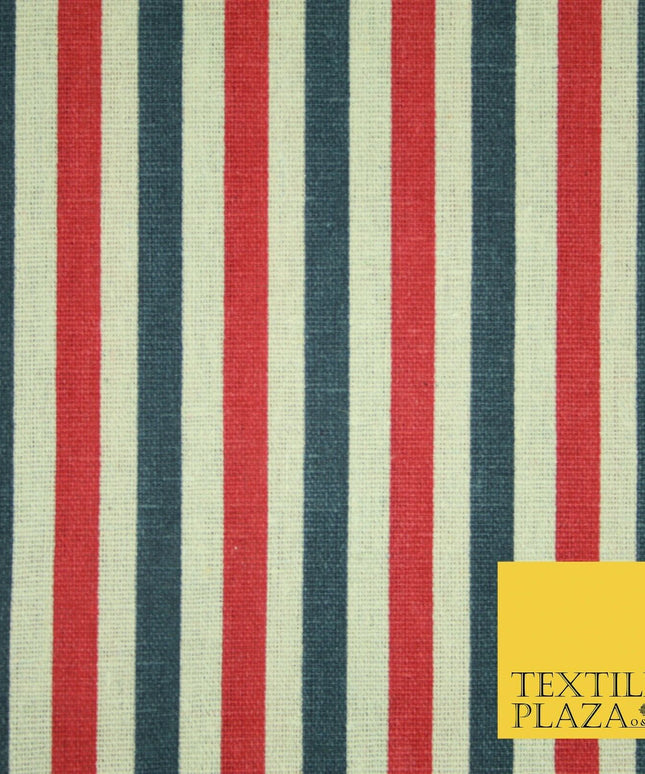 Blue Pink Ivory 1cm Candy Stripes Lines Printed 100% Cotton Linen Fabric 60"Wide