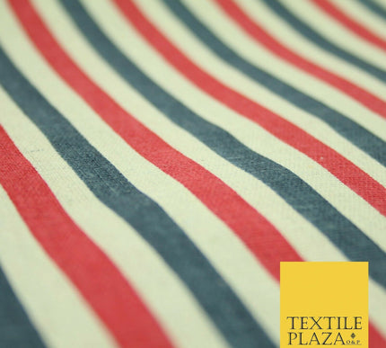 Blue Pink Ivory 1cm Candy Stripes Lines Printed 100% Cotton Linen Fabric 60"Wide