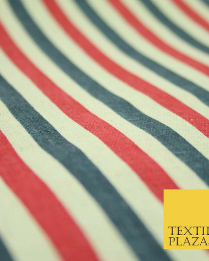 Blue Pink Ivory 1cm Candy Stripes Lines Printed 100% Cotton Linen Fabric 60"Wide