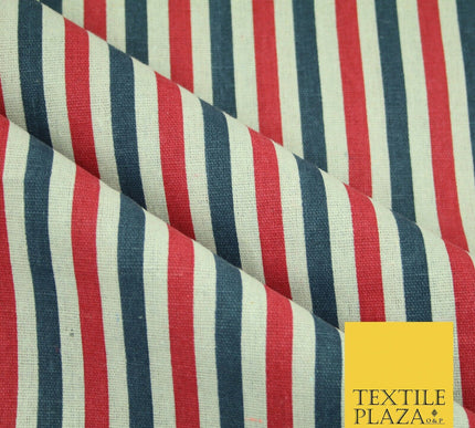 Blue Pink Ivory 1cm Candy Stripes Lines Printed 100% Cotton Linen Fabric 60"Wide