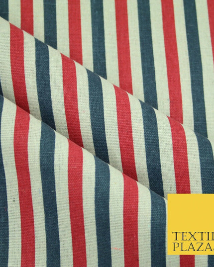 Blue Pink Ivory 1cm Candy Stripes Lines Printed 100% Cotton Linen Fabric 60"Wide