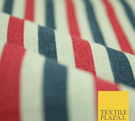 Blue Pink Ivory 1cm Candy Stripes Lines Printed 100% Cotton Linen Fabric 60"Wide