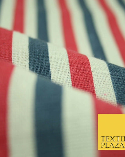 Blue Pink Ivory 1cm Candy Stripes Lines Printed 100% Cotton Linen Fabric 60"Wide