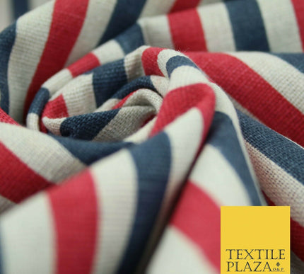 Blue Pink Ivory 1cm Candy Stripes Lines Printed 100% Cotton Linen Fabric 60"Wide