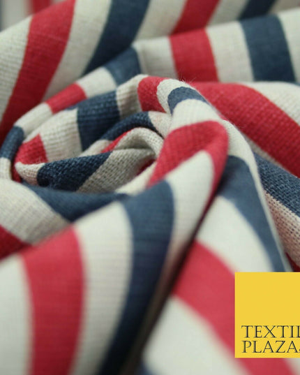 Blue Pink Ivory 1cm Candy Stripes Lines Printed 100% Cotton Linen Fabric 60"Wide