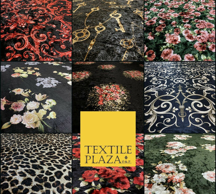 Various Floral Ornate Leopard Flowers Printed Soft Stretch Velvet Dress Fabric