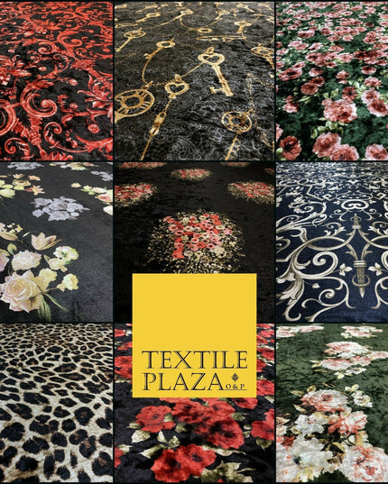 Various Floral Ornate Leopard Flowers Printed Soft Stretch Velvet Dress Fabric