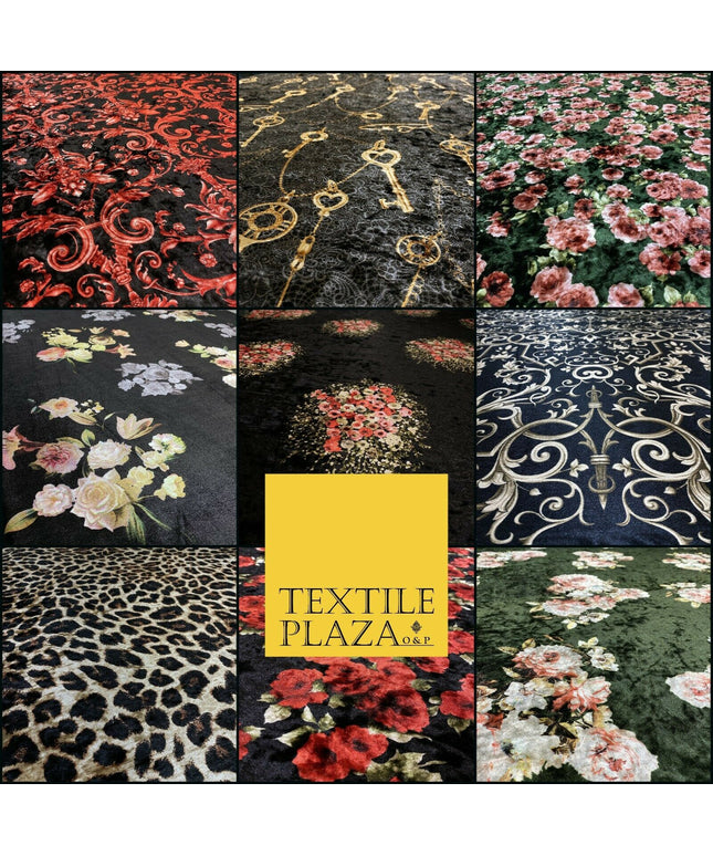 Various Floral Ornate Leopard Flowers Printed Soft Stretch Velvet Dress Fabric