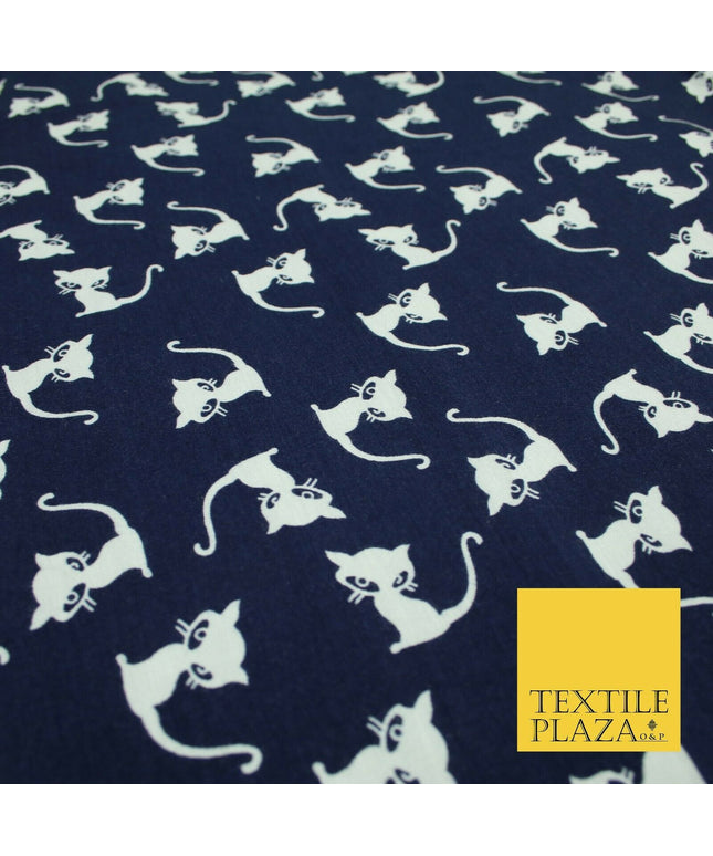 Soft Blue White Siamese Cats Printed Brushed Stretch Rayon Jersey Fabric 1952
