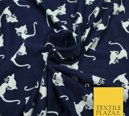 Soft Blue White Siamese Cats Printed Brushed Stretch Rayon Jersey Fabric 1952