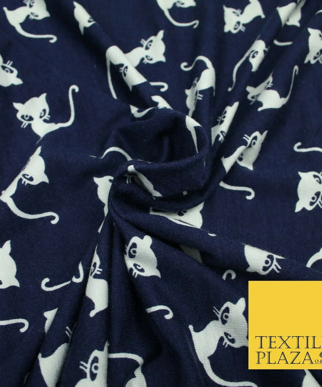 Soft Blue White Siamese Cats Printed Brushed Stretch Rayon Jersey Fabric 1952
