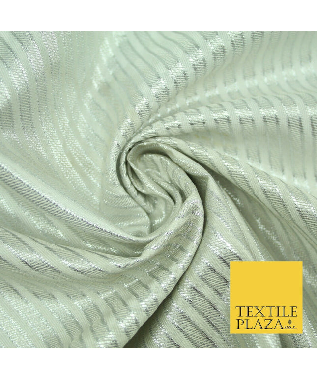 Silver Diagonal Striped Shimmer Metallic Foil Shiny LAME Banarsi DressFabric2280