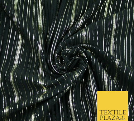 BLACK Pleated Crushed Satin Dress Dance Fabric Gold Metallic Stripe Foil    2421