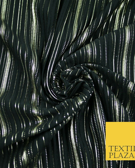 BLACK Pleated Crushed Satin Dress Dance Fabric Gold Metallic Stripe Foil    2421