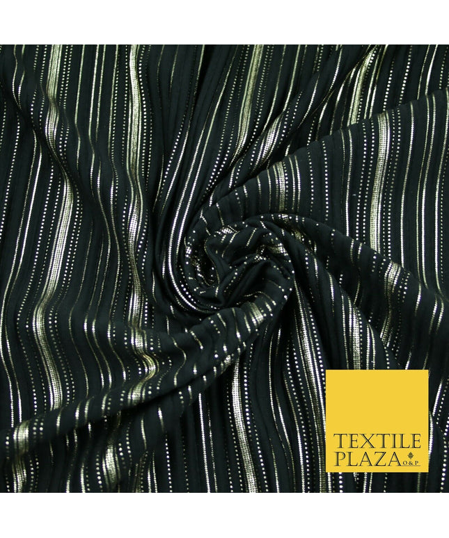 BLACK Pleated Crushed Satin Dress Dance Fabric Gold Metallic Stripe Foil    2421