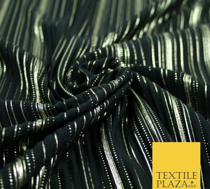 BLACK Pleated Crushed Satin Dress Dance Fabric Gold Metallic Stripe Foil    2421