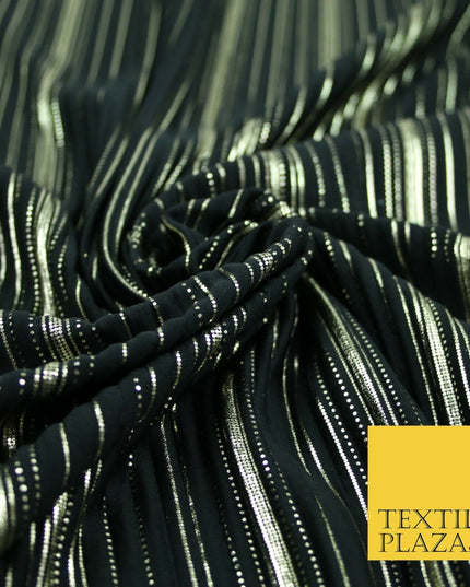 BLACK Pleated Crushed Satin Dress Dance Fabric Gold Metallic Stripe Foil    2421