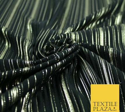 BLACK Pleated Crushed Satin Dress Dance Fabric Gold Metallic Stripe Foil    2421