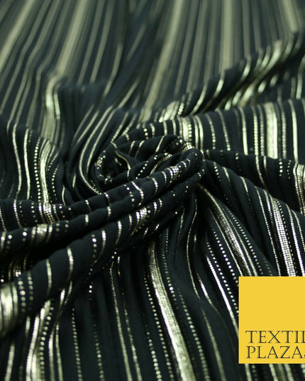 BLACK Pleated Crushed Satin Dress Dance Fabric Gold Metallic Stripe Foil    2421