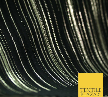 BLACK Pleated Crushed Satin Dress Dance Fabric Gold Metallic Stripe Foil    2421