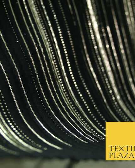 BLACK Pleated Crushed Satin Dress Dance Fabric Gold Metallic Stripe Foil    2421