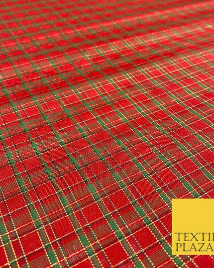 High Quality Red Green Metallic Gold Tartan Taffeta Fabric Festive Scottish 1779