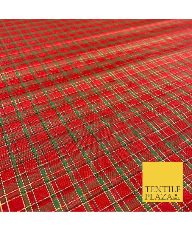 High Quality Red Green Metallic Gold Tartan Taffeta Fabric Festive Scottish 1779