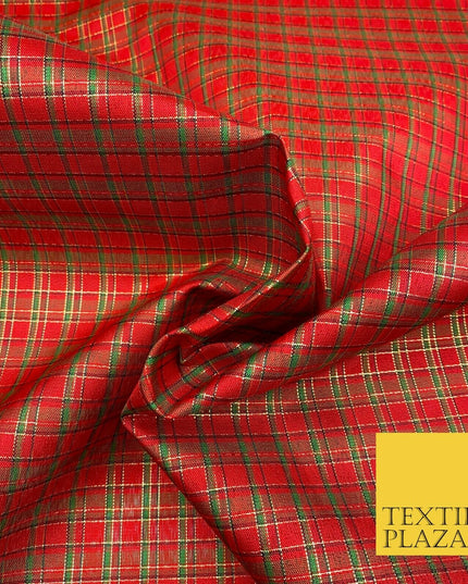 High Quality Red Green Metallic Gold Tartan Taffeta Fabric Festive Scottish 1779