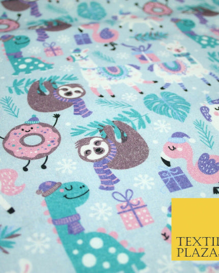 Blue Festive Sloth Llama Christmas Party Digital Print 100% Cotton Fabric 4942