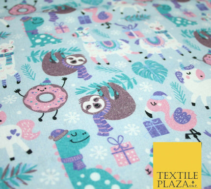 Blue Festive Sloth Llama Christmas Party Digital Print 100% Cotton Fabric 4942
