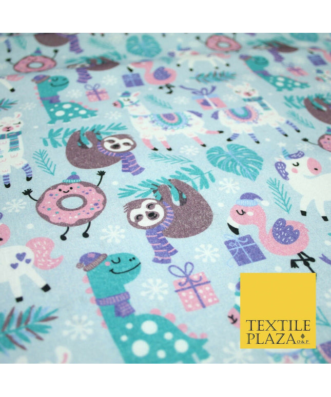Blue Festive Sloth Llama Christmas Party Digital Print 100% Cotton Fabric 4942