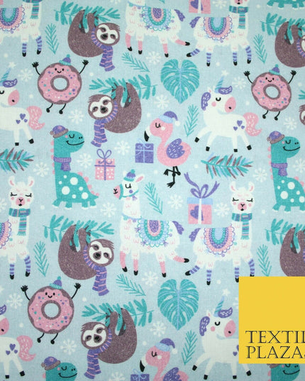 Blue Festive Sloth Llama Christmas Party Digital Print 100% Cotton Fabric 4942